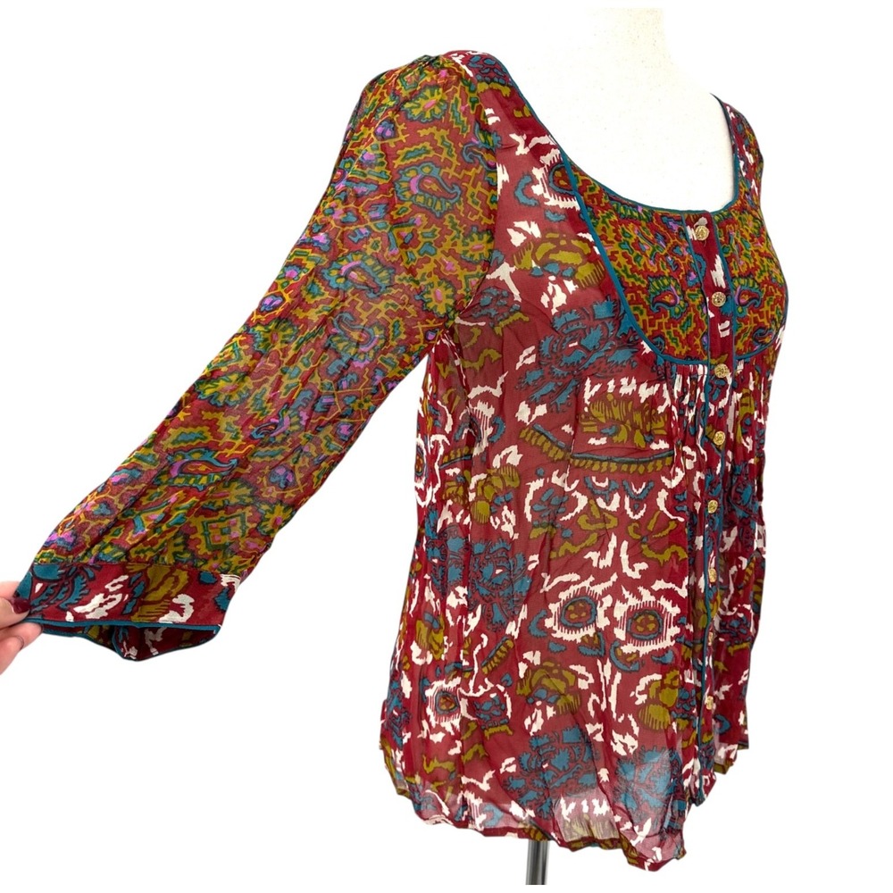 Vintage Viola Boho Floral Scoop Neck Button-up Blouse 3/4 Sleeves Women's 6